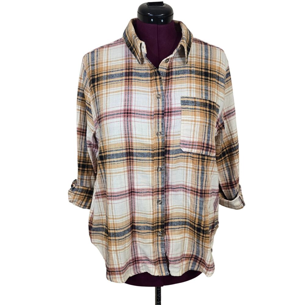 NWOT Women's Love Tree Pink Tan Plaid Lightweight Flannel Shirt | Size Medium